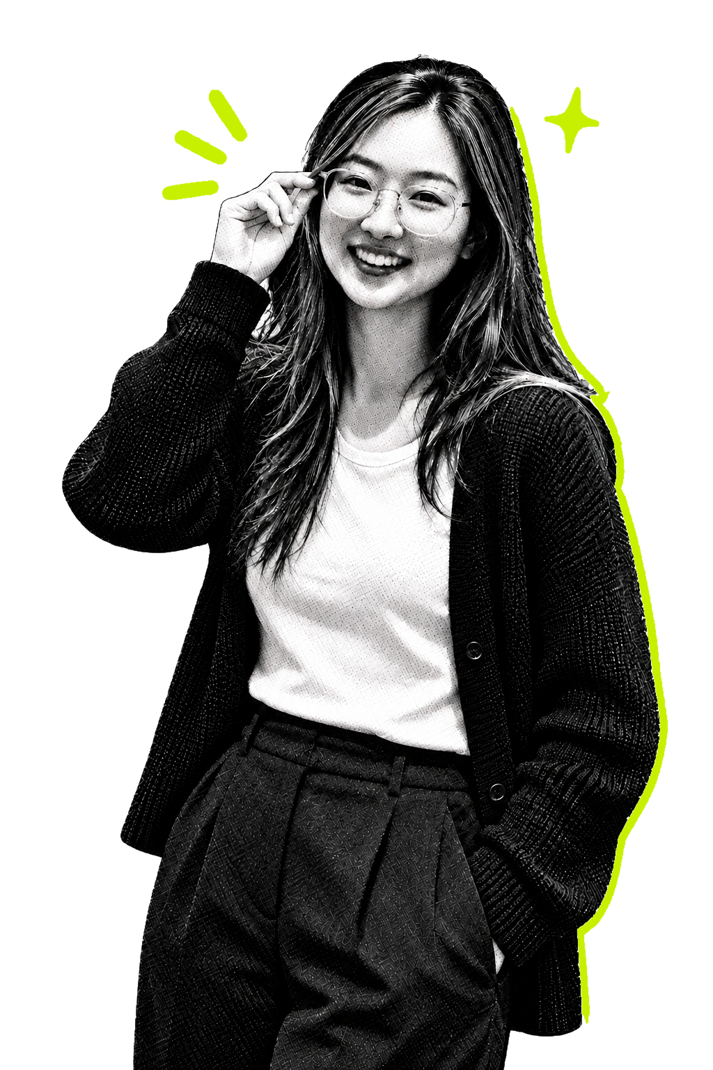 Black-and-white portrait of Ivy Pei smiling and adjusting her glasses